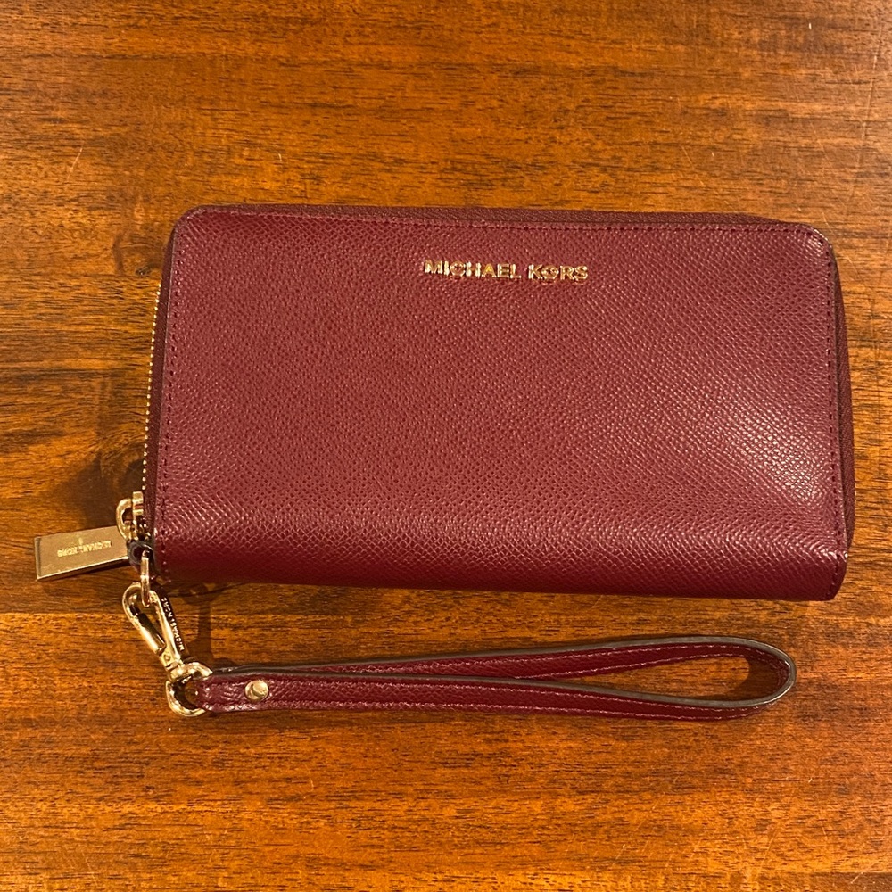 Michael Kors Maroon Wristlet with Gold Accents